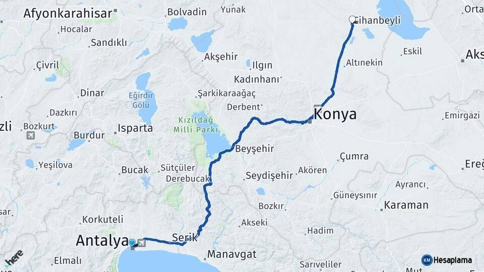 Antalya Cihanbeyli Konya Arası Kaç Km - Yol Haritası
