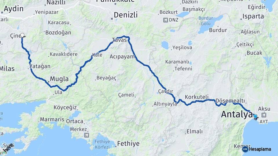 Antalya Çine Aydın Arası Kaç Km - Yol Haritası