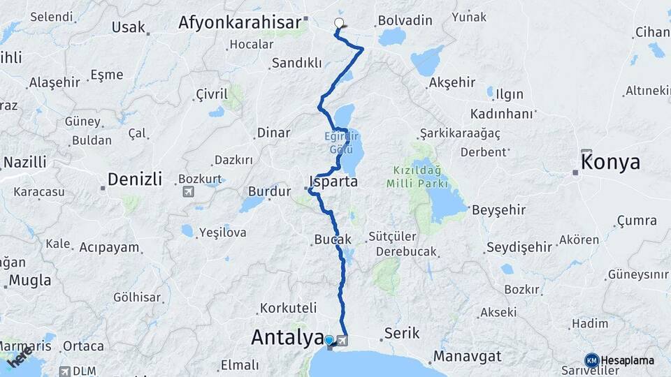 Antalya Çobanlar Afyonkarahisar Arası Kaç Km - Yol Haritası