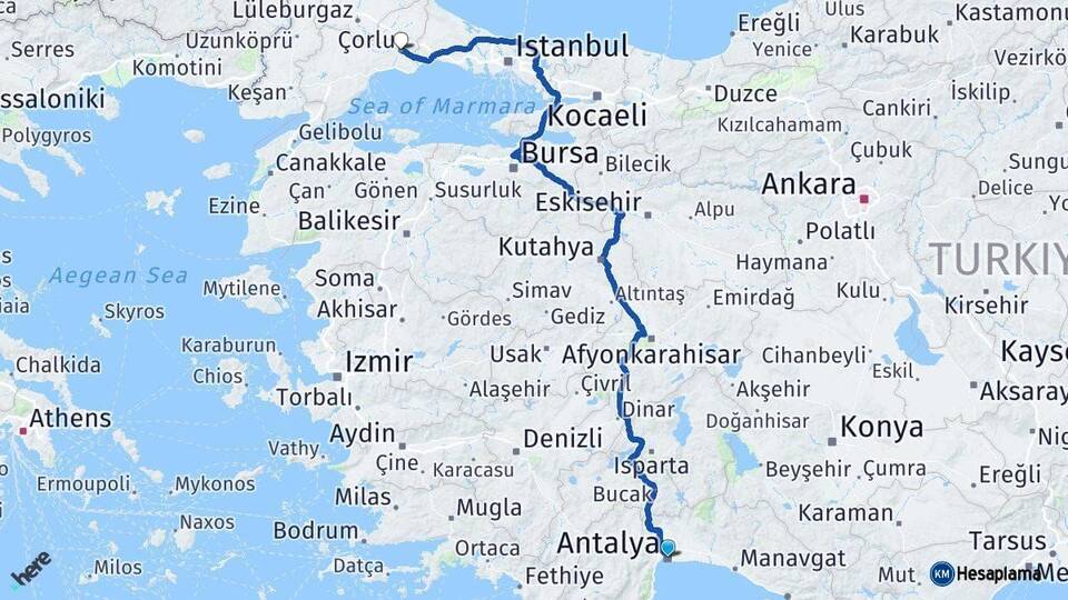 Antalya Çorlu Tekirdağ Arası Kaç Km - Yol Haritası