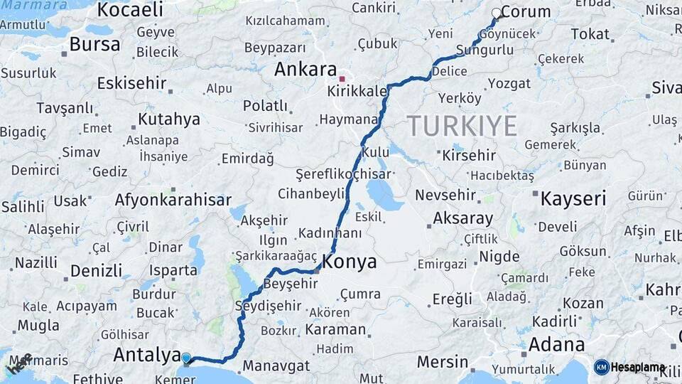 Antalya Çorum Arası Kaç Km - Yol Haritası