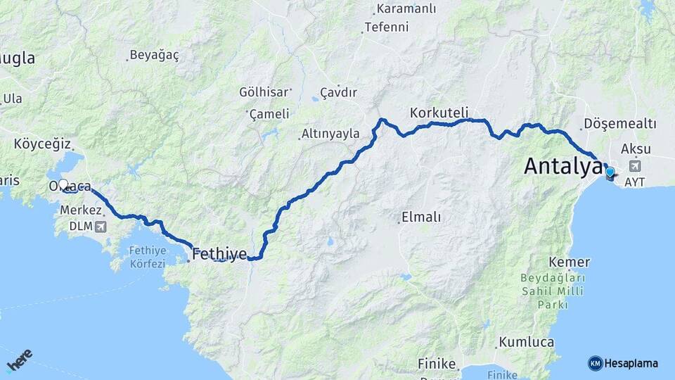 Antalya Dalyan Ortaca Muğla Arası Kaç Km - Yol Haritası