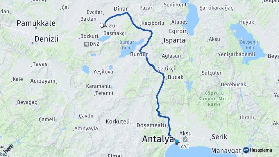Antalya Dazkırı Afyonkarahisar Arası Kaç Km - Yol Haritası