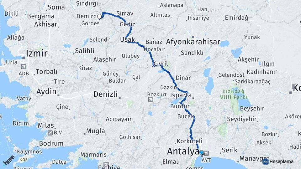 Antalya Demirci Manisa Arası Kaç Km - Yol Haritası