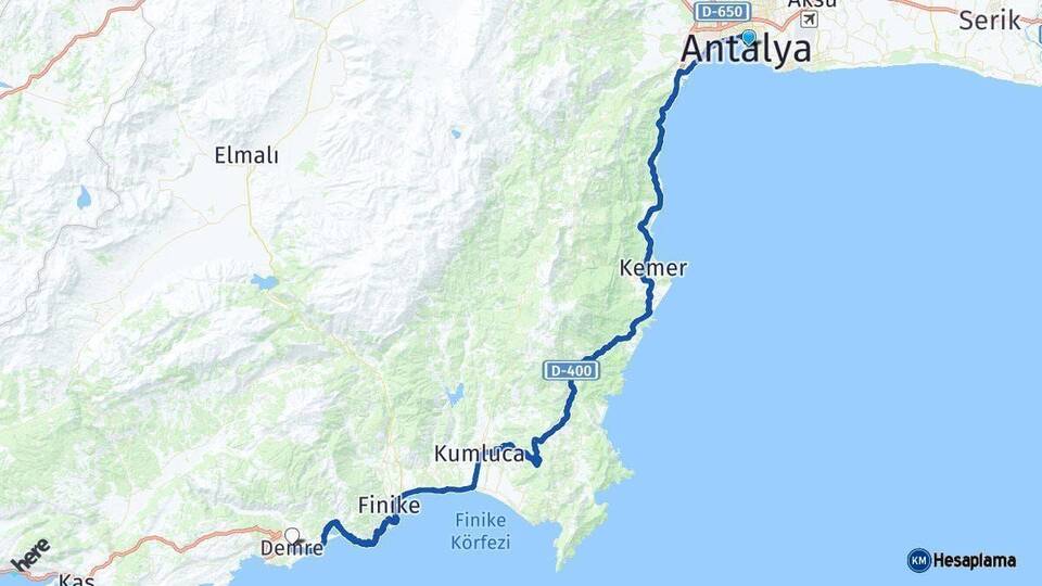 Antalya Demre Arası Kaç Km - Yol Haritası