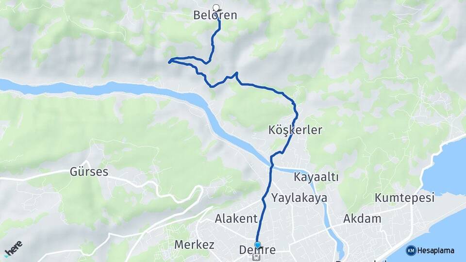 Antalya Demre Belören Demre Arası Kaç Km - Yol Haritası