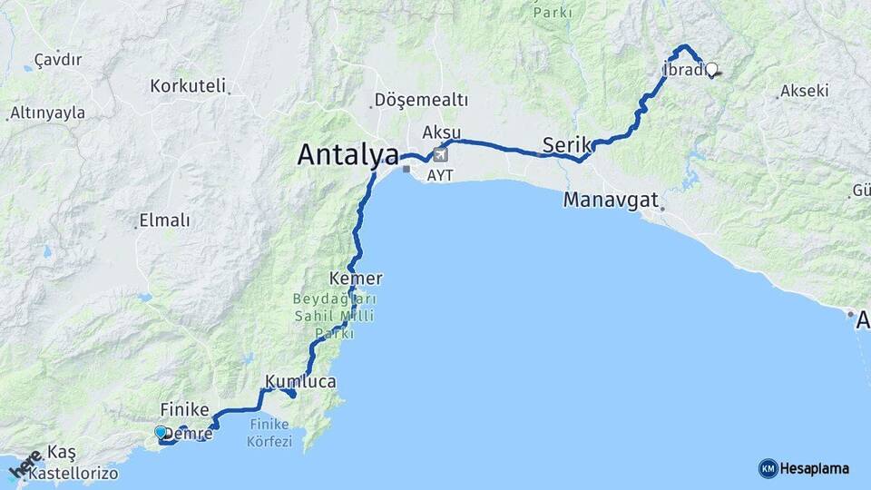 Antalya Demre İbradı Arası Kaç Km - Yol Haritası