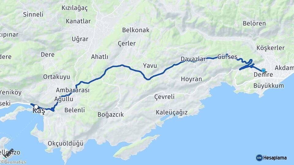 Antalya Demre Kaş Arası Kaç Km - Yol Haritası