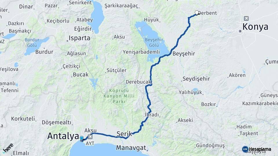 Antalya Derbent Arası Kaç Km - Yol Tarifi