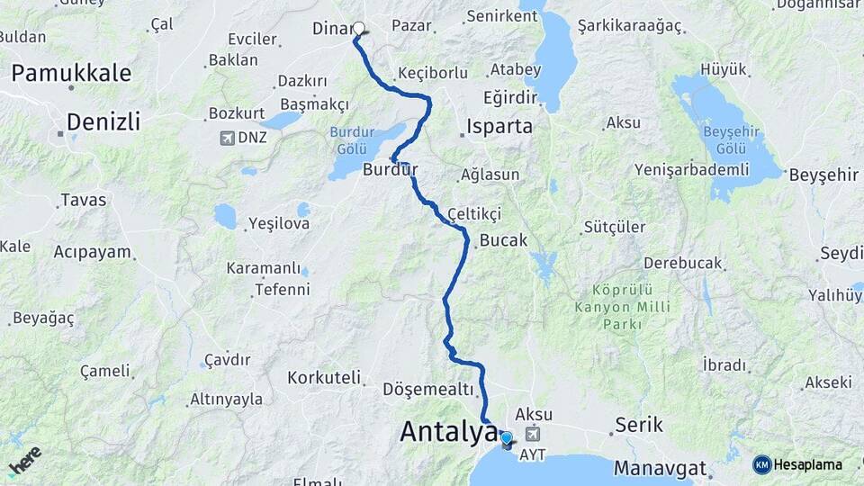 Antalya Dinar Afyonkarahisar Arası Kaç Km - Yol Haritası