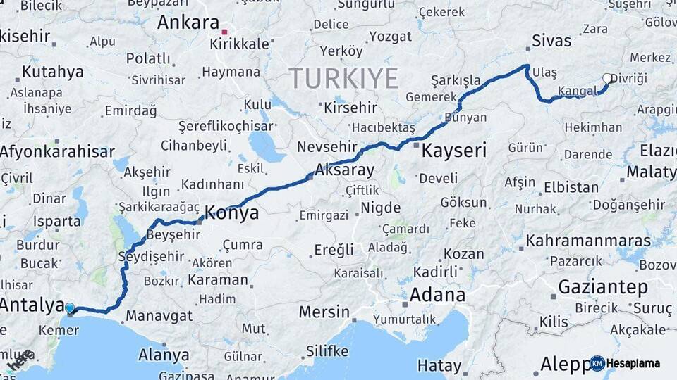 Antalya Divriği Sivas Arası Kaç Km - Yol Haritası