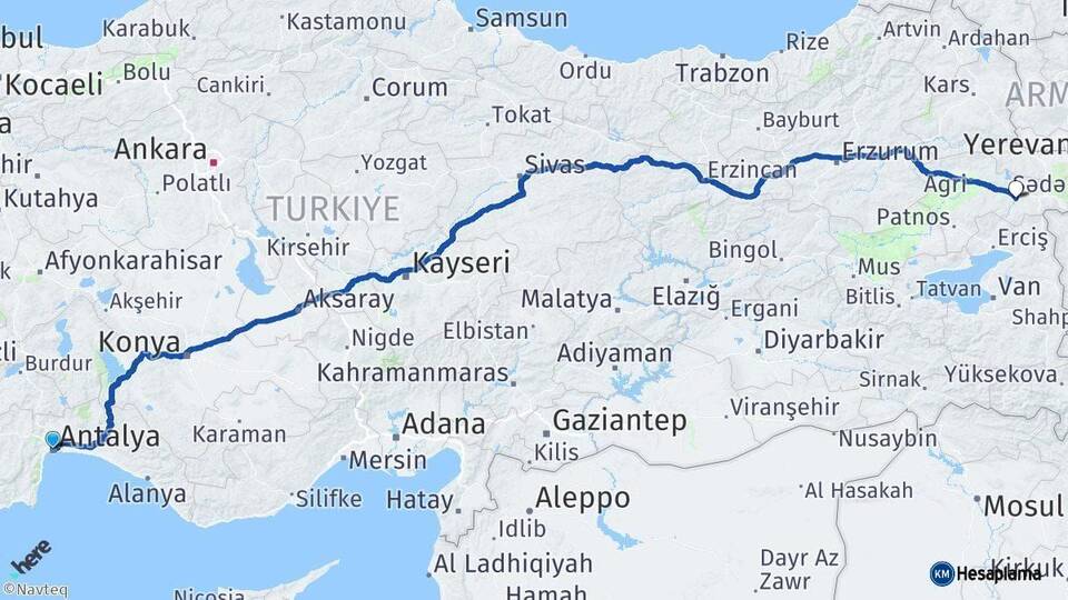 Antalya Diyadin Ağrı Arası Kaç Km - Yol Haritası