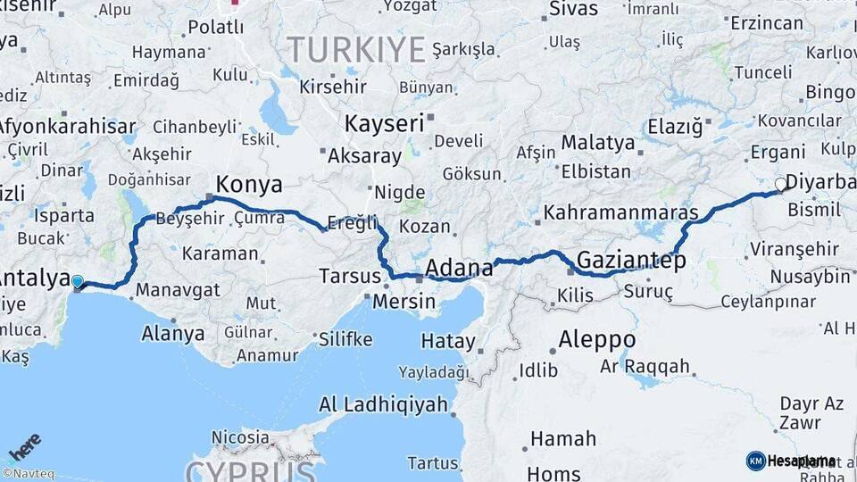 Antalya Diyarbakır Arası Kaç Km - Yol Haritası