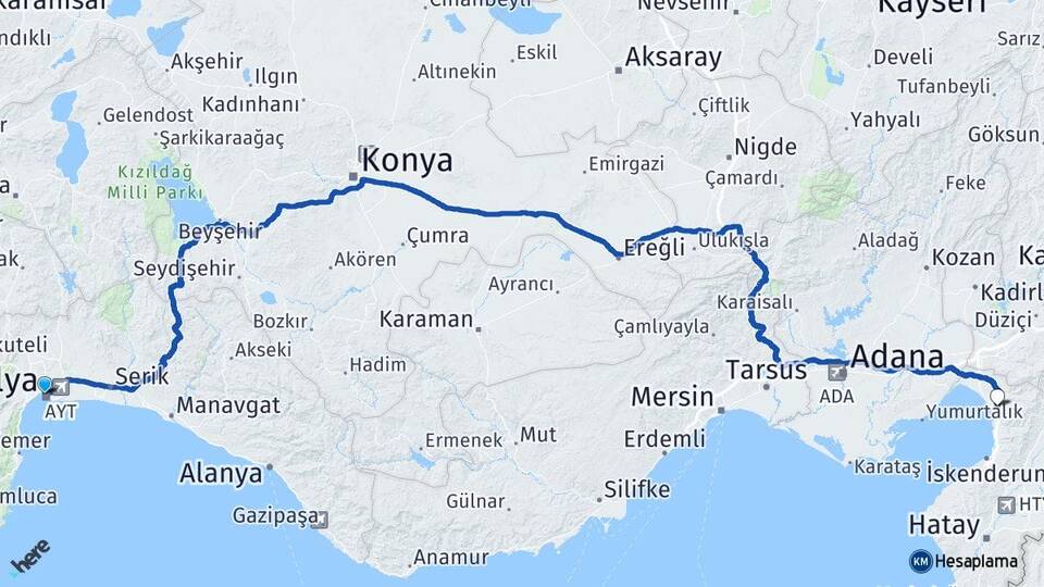 Antalya Dörtyol Hatay Arası Kaç Km - Yol Haritası