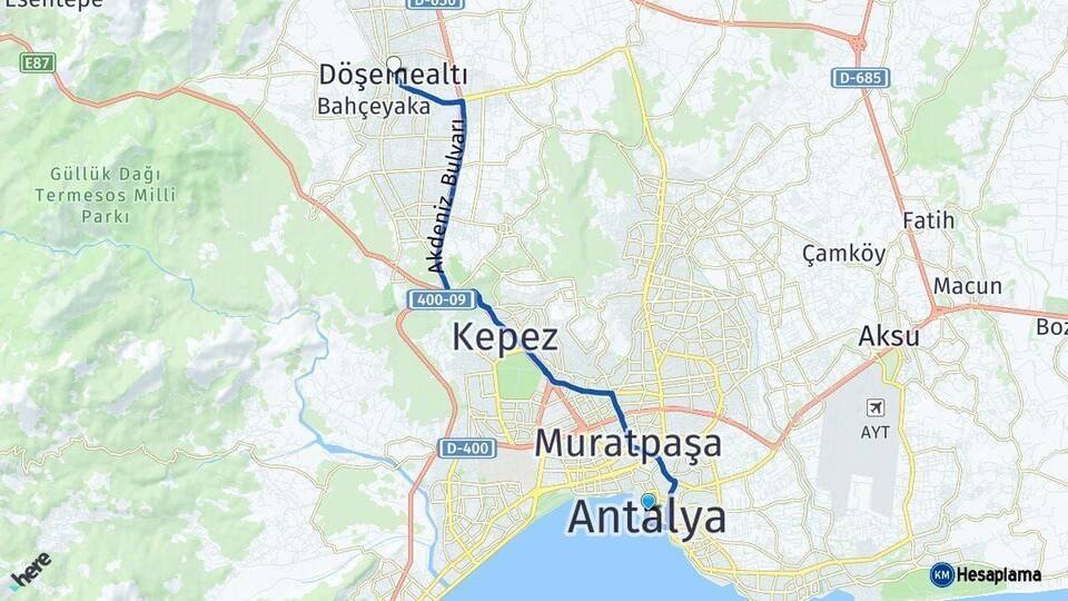 Antalya Döşemealtı Arası Kaç Km - Yol Haritası