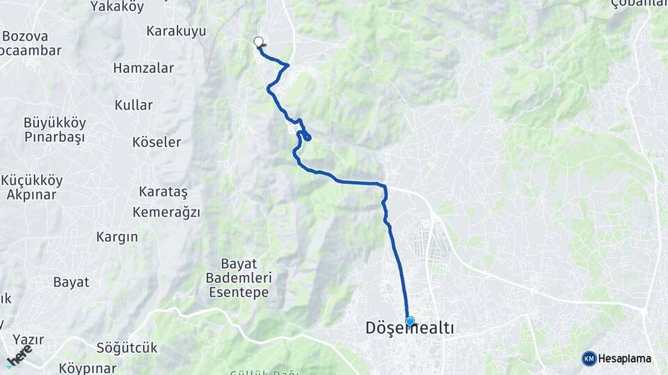Antalya Döşemealtı Bademağacı Döşemealtı Arası Kaç Km - Yol Haritası