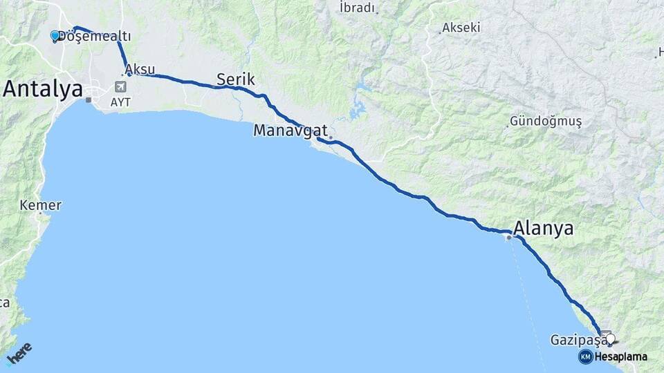 Antalya Döşemealtı Gazipaşa Arası Kaç Km - Yol Haritası