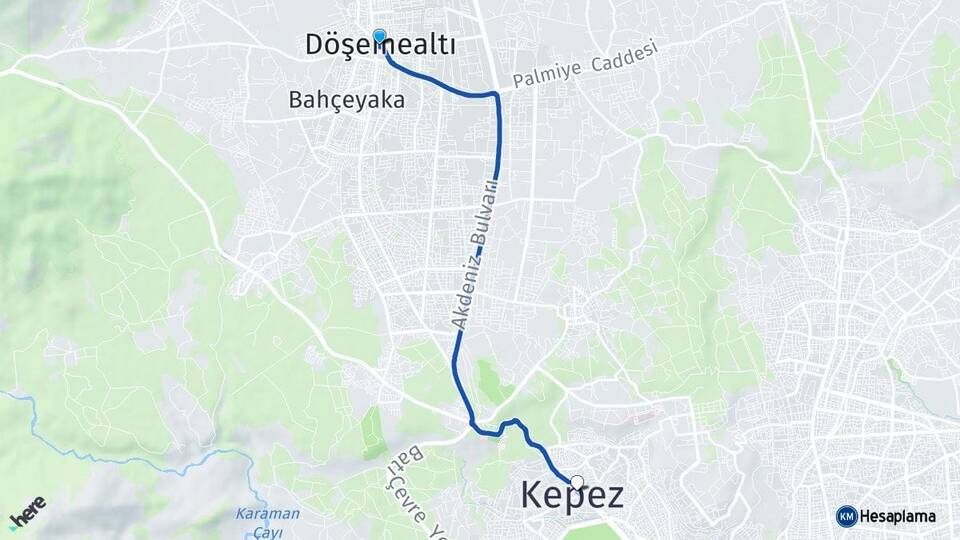 Antalya Döşemealtı Kepez Arası Kaç Km - Yol Haritası