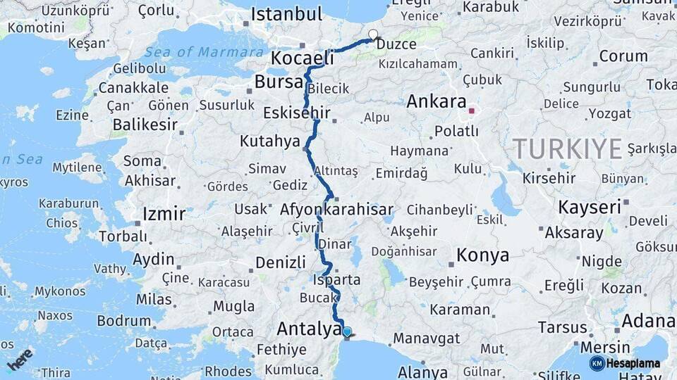 Antalya Düzce Arası Kaç Km - Yol Haritası