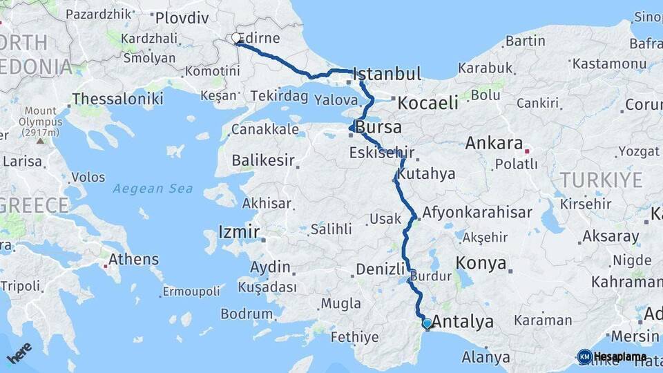 Antalya Edirne Arası Kaç Km - Yol Haritası