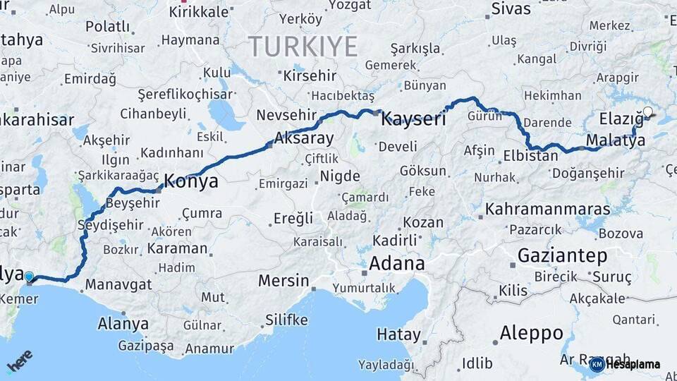 Antalya Elazığ Arası Kaç Km - Yol Haritası