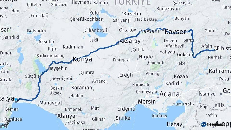 Antalya Elbistan Kahramanmaraş Arası Kaç Km - Yol Haritası