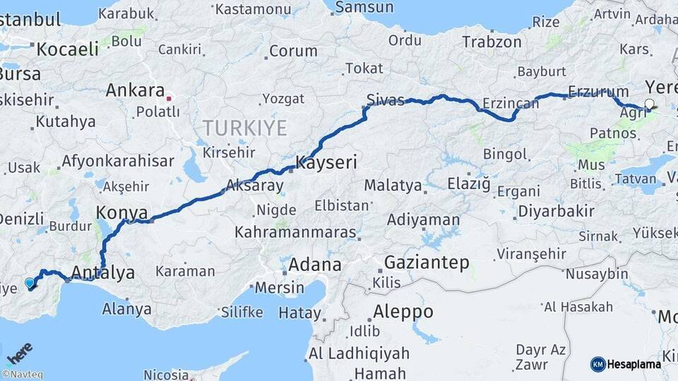 Antalya Elmalı Ağrı Arası Kaç Km - Yol Haritası