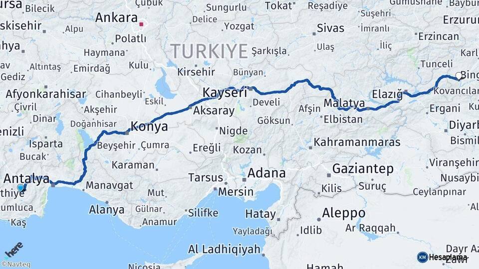 Antalya Elmalı Bingöl Arası Kaç Km - Yol Haritası
