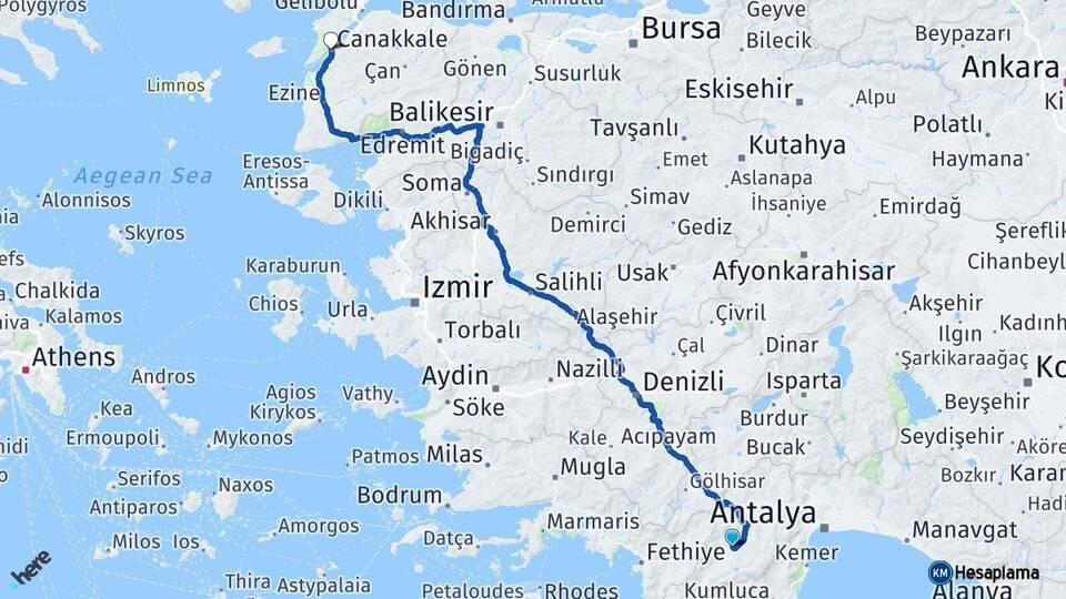 Antalya Elmalı Çanakkale Arası Kaç Km - Yol Haritası