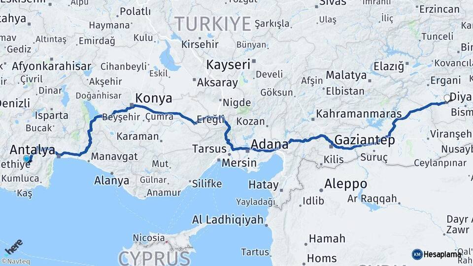 Antalya Elmalı Diyarbakır Arası Kaç Km - Yol Haritası