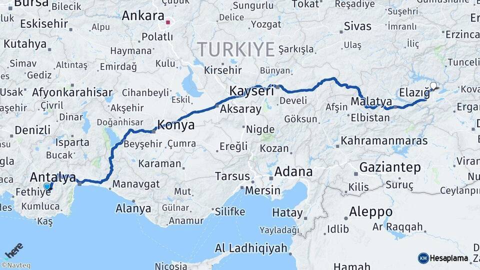 Antalya Elmalı Elazığ Arası Kaç Km - Yol Haritası