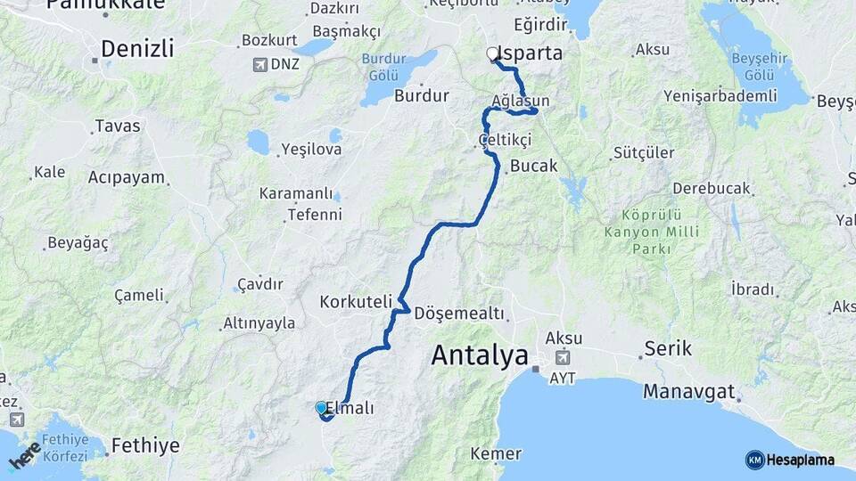 Antalya Elmalı Isparta Arası Kaç Km - Yol Haritası