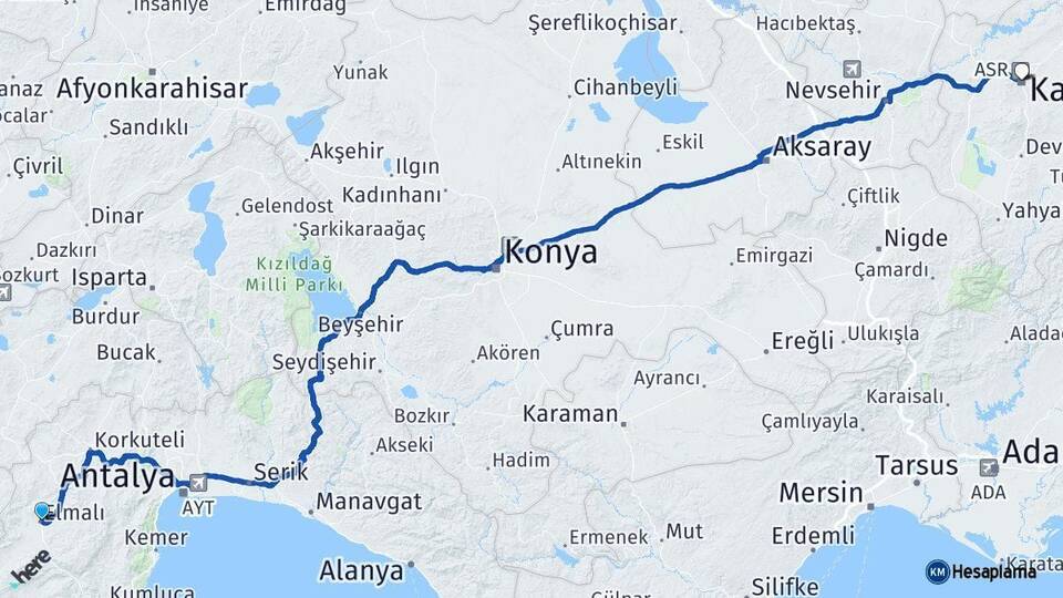 Antalya Elmalı Kayseri Arası Kaç Km - Yol Haritası