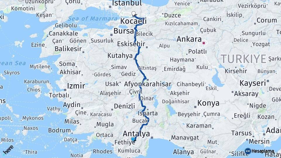 Antalya Elmalı Kocaeli Arası Kaç Km - Yol Haritası