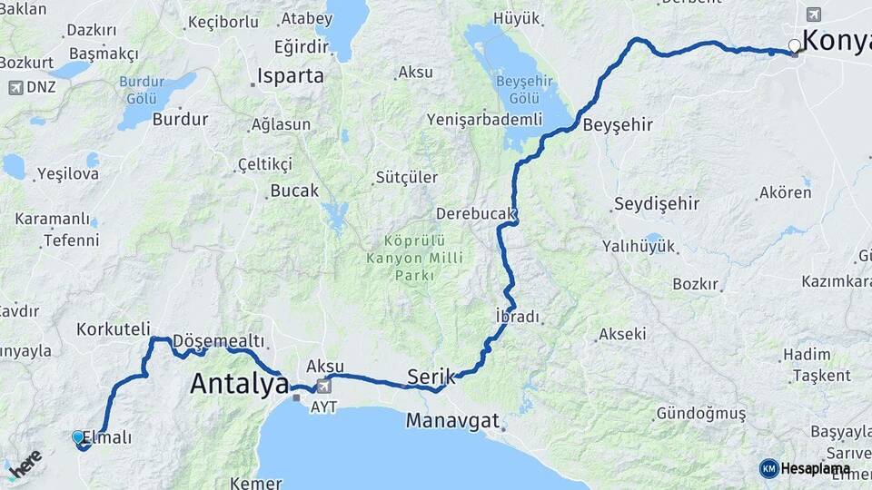 Antalya Elmalı Konya Arası Kaç Km - Yol Haritası