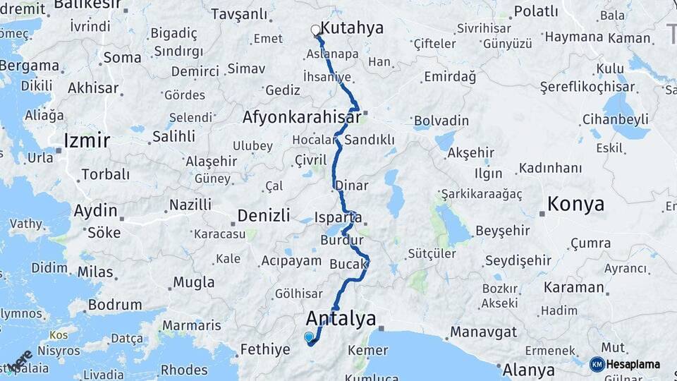Antalya Elmalı Kütahya Arası Kaç Km - Yol Haritası