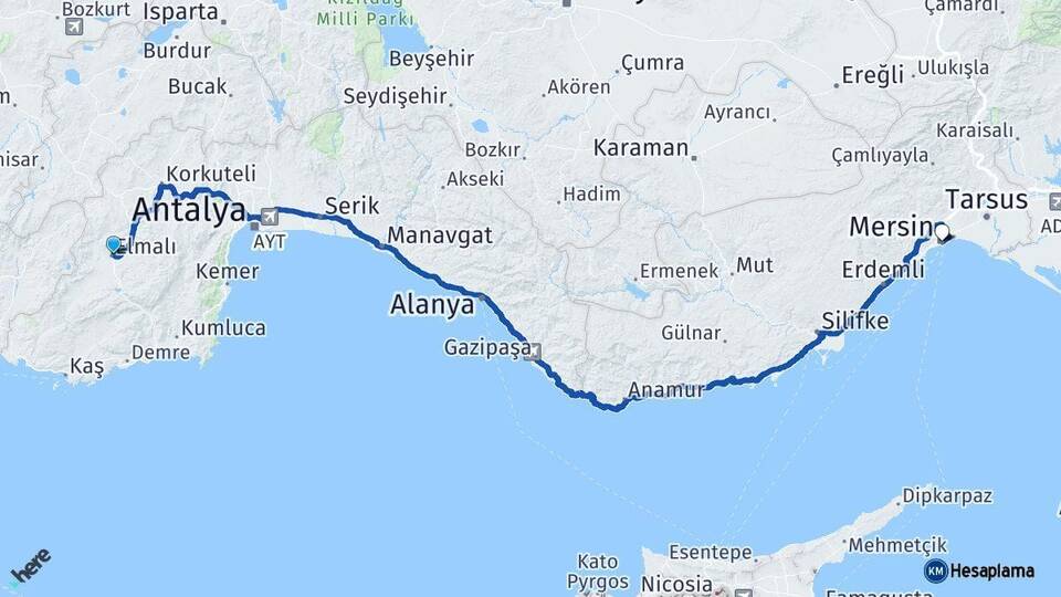Antalya Elmalı Mersin Arası Kaç Km - Yol Haritası