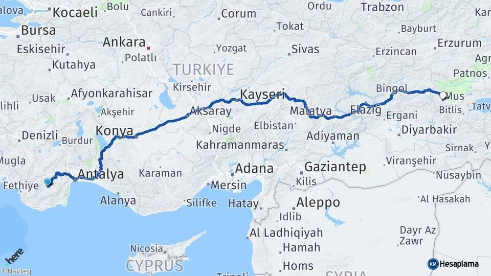 Antalya Elmalı Muş Arası Kaç Km - Yol Haritası