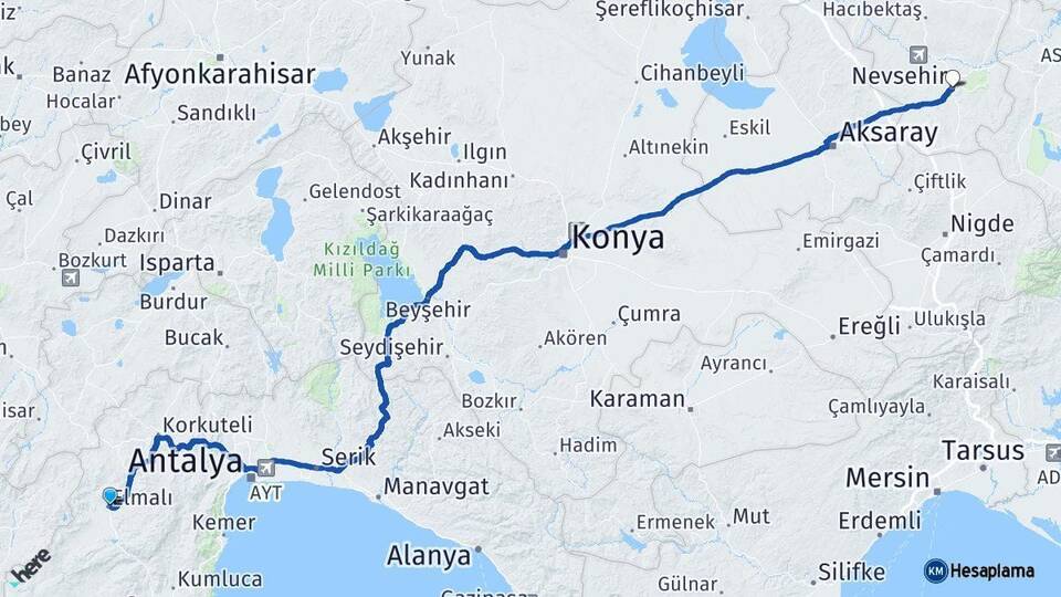 Antalya Elmalı Nevşehir Arası Kaç Km - Yol Haritası