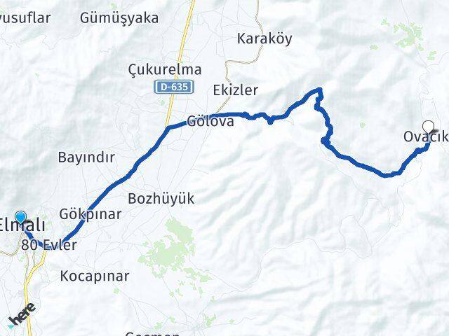 Antalya Elmalı Ovacık Elmalı Arası Kaç Km - Yol Haritası