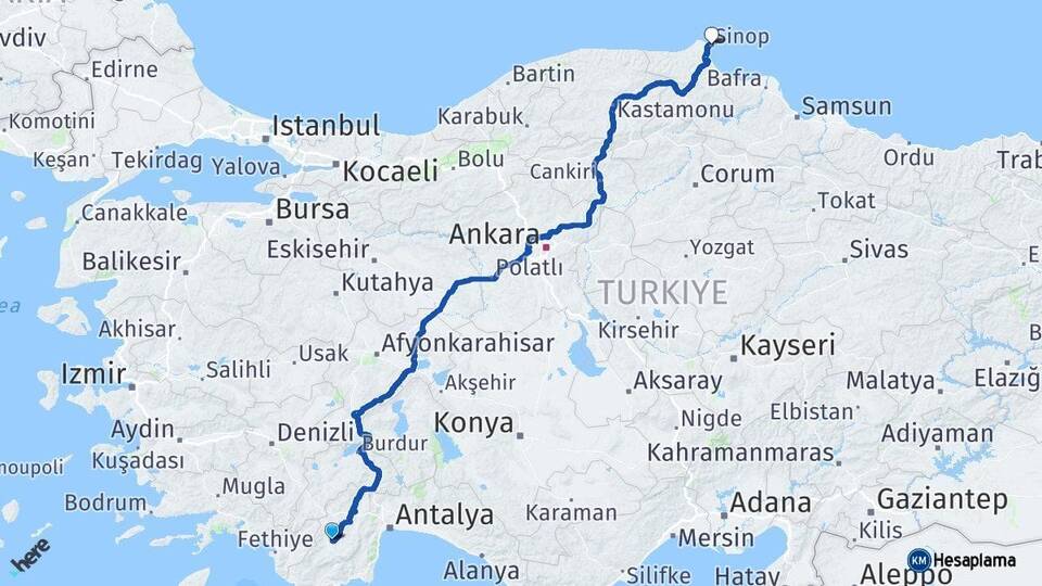 Antalya Elmalı Sinop Arası Kaç Km - Yol Haritası