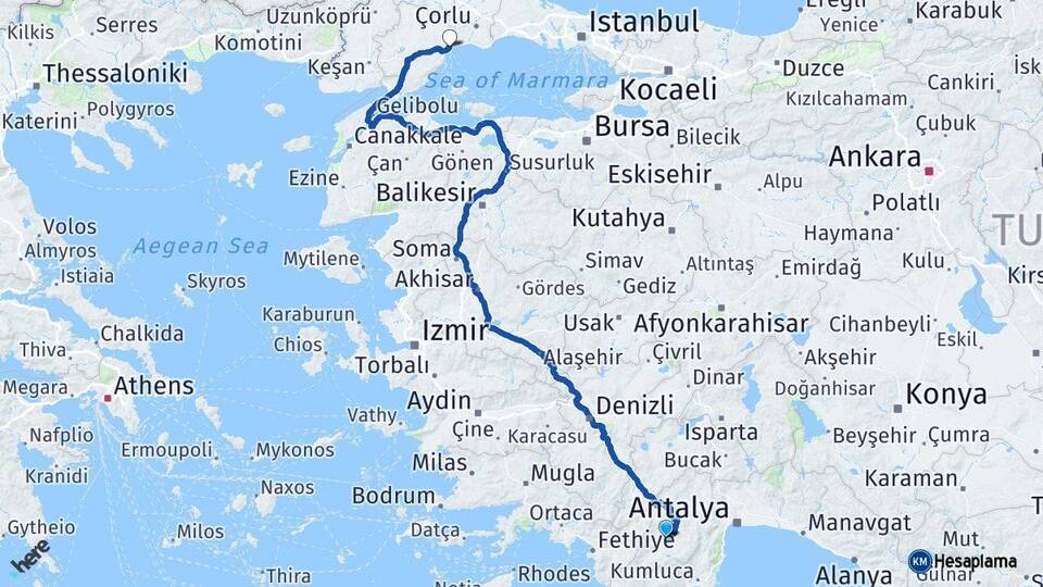 Antalya Elmalı Tekirdağ Arası Kaç Km - Yol Haritası