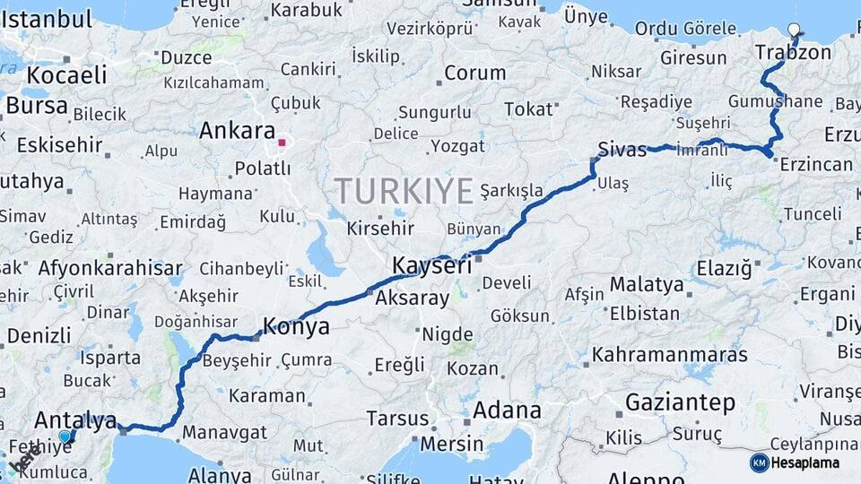 Antalya Elmalı Trabzon Arası Kaç Km - Yol Haritası