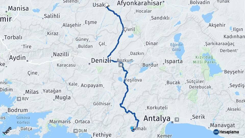Antalya Elmalı Uşak Arası Kaç Km - Yol Haritası