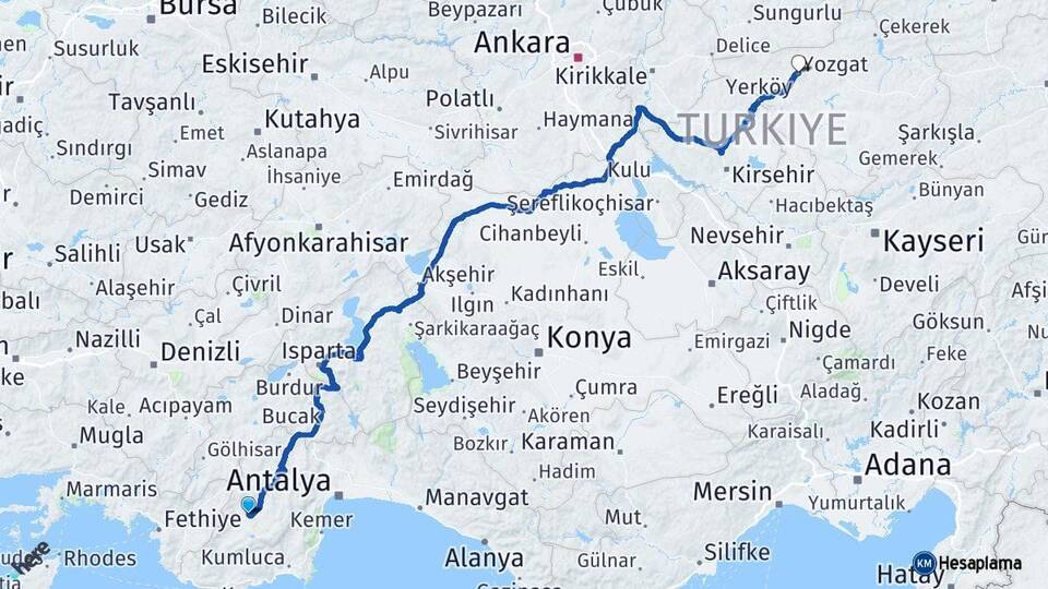 Antalya Elmalı Yozgat Arası Kaç Km - Yol Haritası