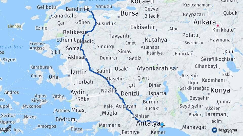 Antalya Erdek Balıkesir Arası Kaç Km - Yol Haritası
