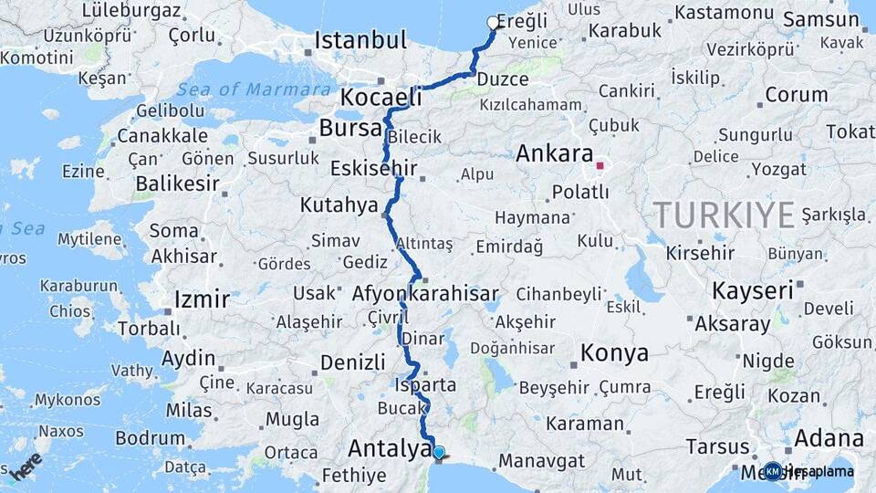 Antalya Ereğli Zonguldak Arası Kaç Km - Yol Haritası