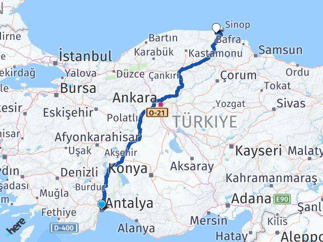 Antalya Erfelek Sinop Arası Kaç Km - Yol Haritası