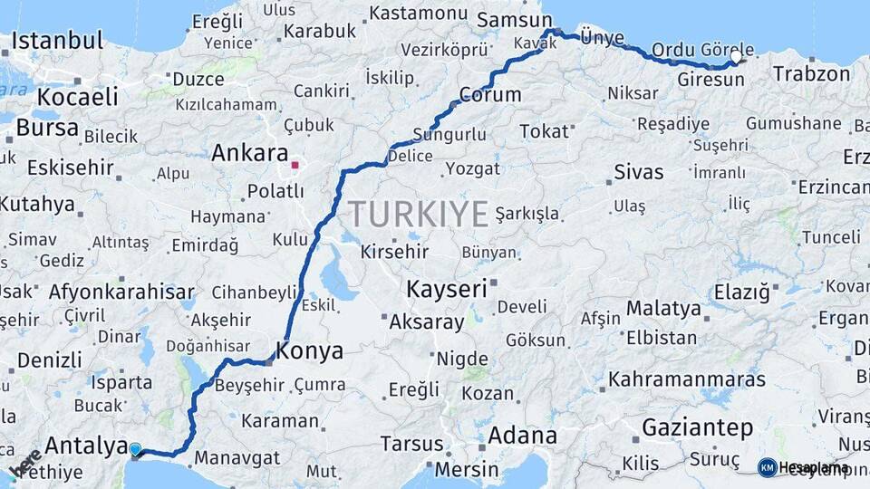 Antalya Espiye Giresun Arası Kaç Km - Yol Haritası