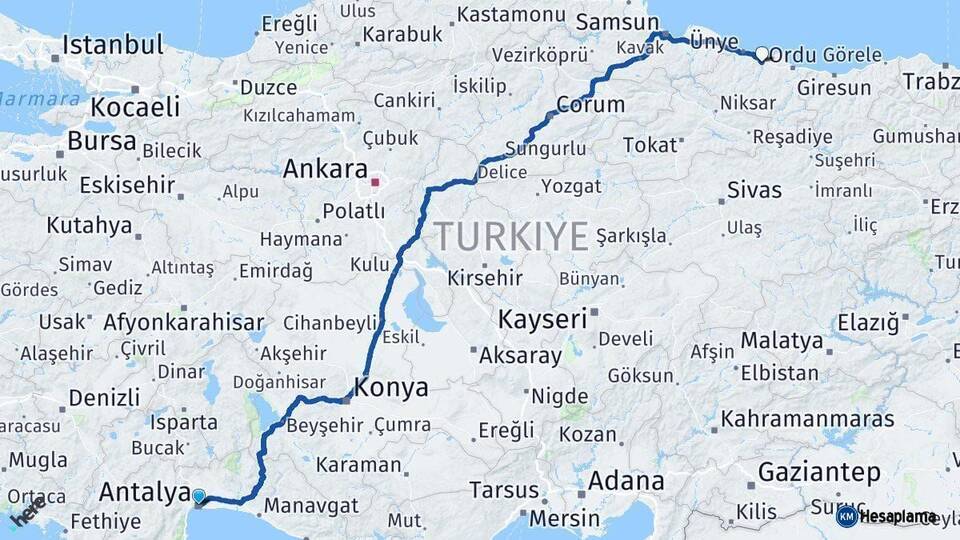 Antalya Fatsa Ordu Arası Kaç Km - Yol Haritası